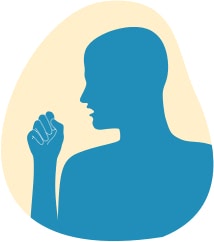 An illustration shows a man coughing into his closed hand because of an irritant in his airways